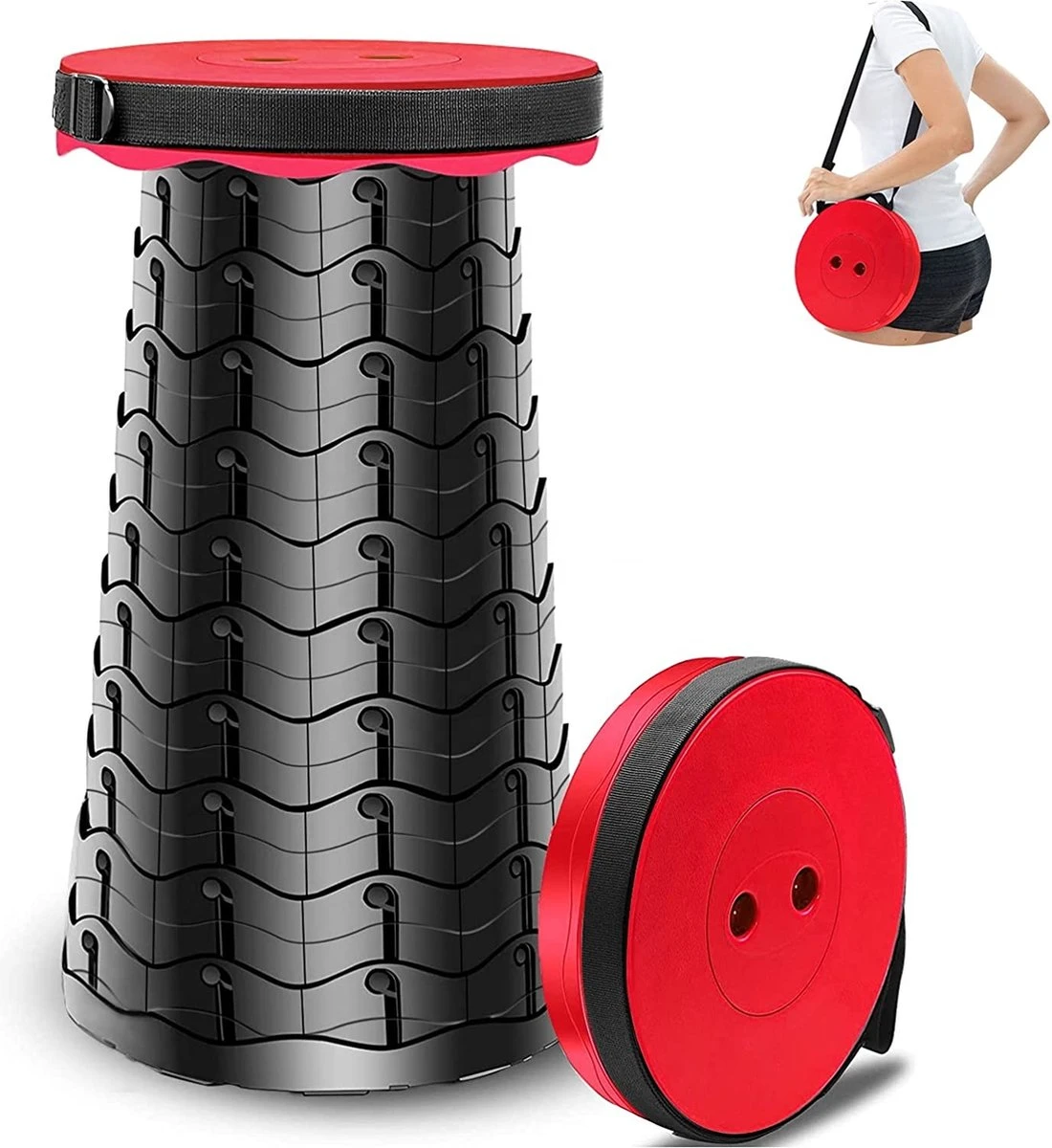 Kampeerkruk - Uitschuifbare Kruk - Rood/Zwart- Tot 120 Kg - Travel Stool - Opvouwbare Campingkruk - Inklapbaar Krukje - Telescopische Kruk - Camping - Outdoor 1 Kampeerkruk - Uitschuifbare Kruk - Rood/Zwart- Tot 120 Kg - Travel Stool - Opvouwbare Campingkruk - Inklapbaar Krukje - Telescopische Kruk - Camping - Outdoor