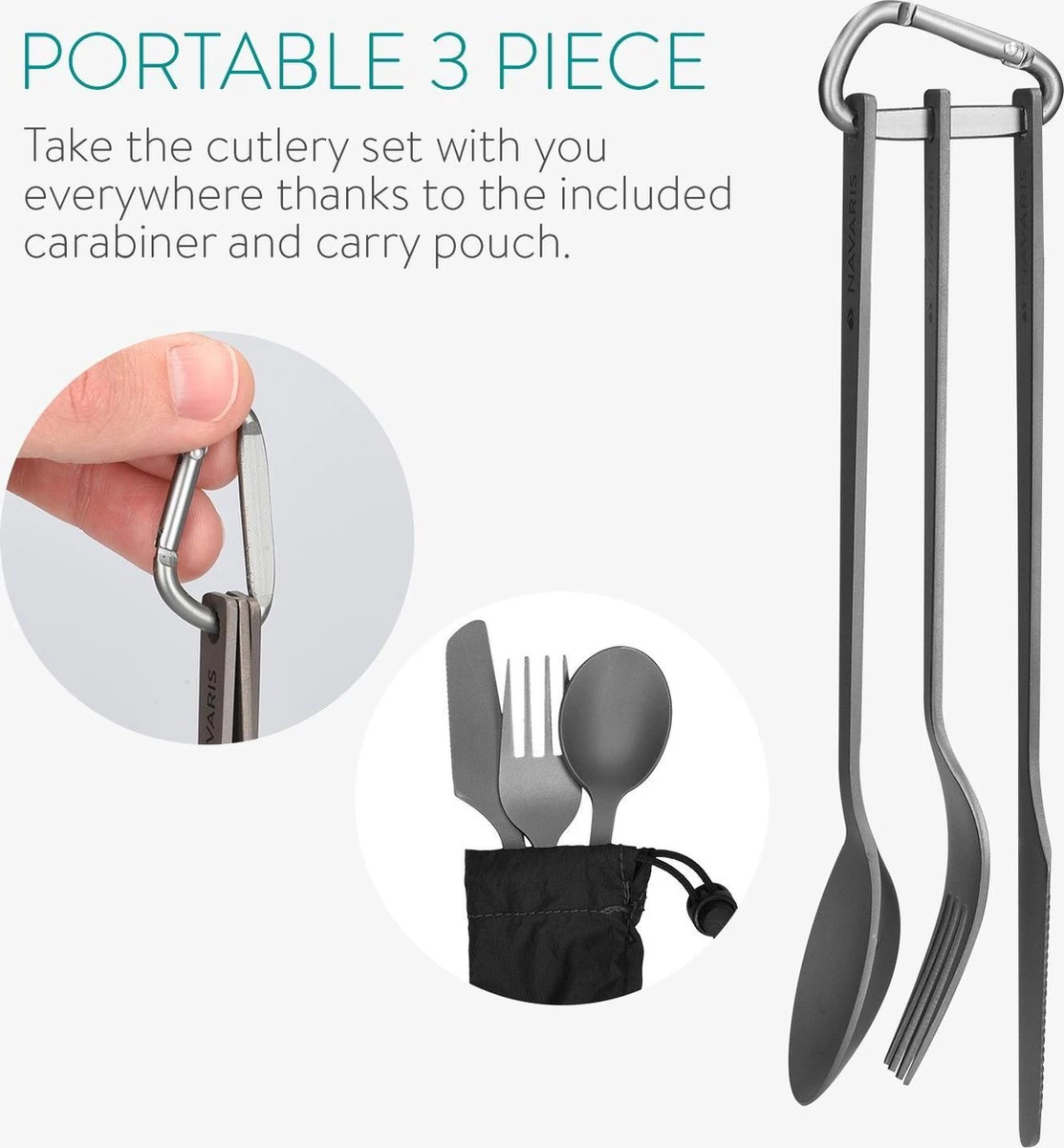 Navaris Campingbestek Van Titanium - Set Met Vork, Mes En Lepel - Bestekset Voor Onderweg En Op Reis - Inclusief Karabijnhaak En Bewaarzakje 9 Navaris Campingbestek Van Titanium - Set Met Vork, Mes En Lepel - Bestekset Voor Onderweg En Op Reis - Inclusief Karabijnhaak En Bewaarzakje - Afbeelding 9