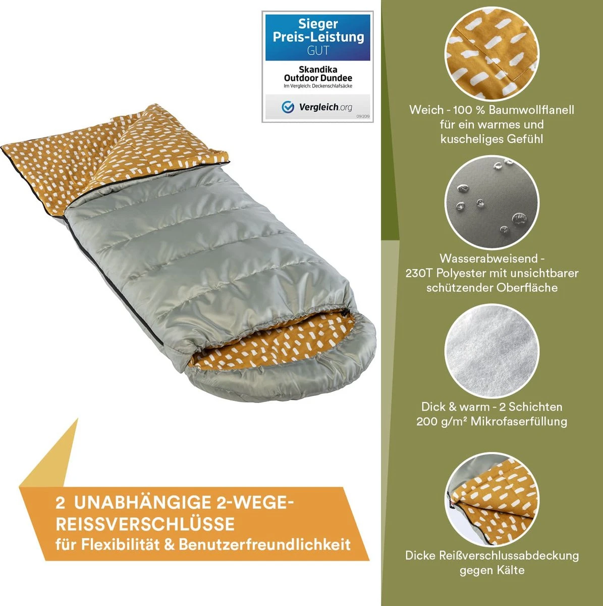 Skandika Dundee Flannel-R Slaapzak – Slaapzakken – Slaapzakken Volwassen - Maat M – Unisex - Katoen, Luxe Kwaliteit, Dubbele Slaapzak, 3 Seizoenen, Tot -20°C - 220 X 80 Cm - Outdoor Kampeerslaapzak – Ritssluiting Rechts - Grijs/geel 3 Skandika Dundee Flannel-R Slaapzak – Slaapzakken – Slaapzakken Volwassen - Maat M – Unisex - Katoen, Luxe Kwaliteit, Dubbele Slaapzak, 3 Seizoenen, Tot -20°C - 220 X 80 Cm - Outdoor Kampeerslaapzak – Ritssluiting Rechts - Grijs/geel - Afbeelding 3