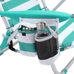 Strandstoel Met Afneembare Hoofdsteun, Draagbare Klapstoel, Campingstoel, Rugleuning Tot 180° Verstelbaar, Met Bekerhouder En Zijvak, Groene En Witte Strepen GCB62JW -Buiten Kamperen 1199x1200