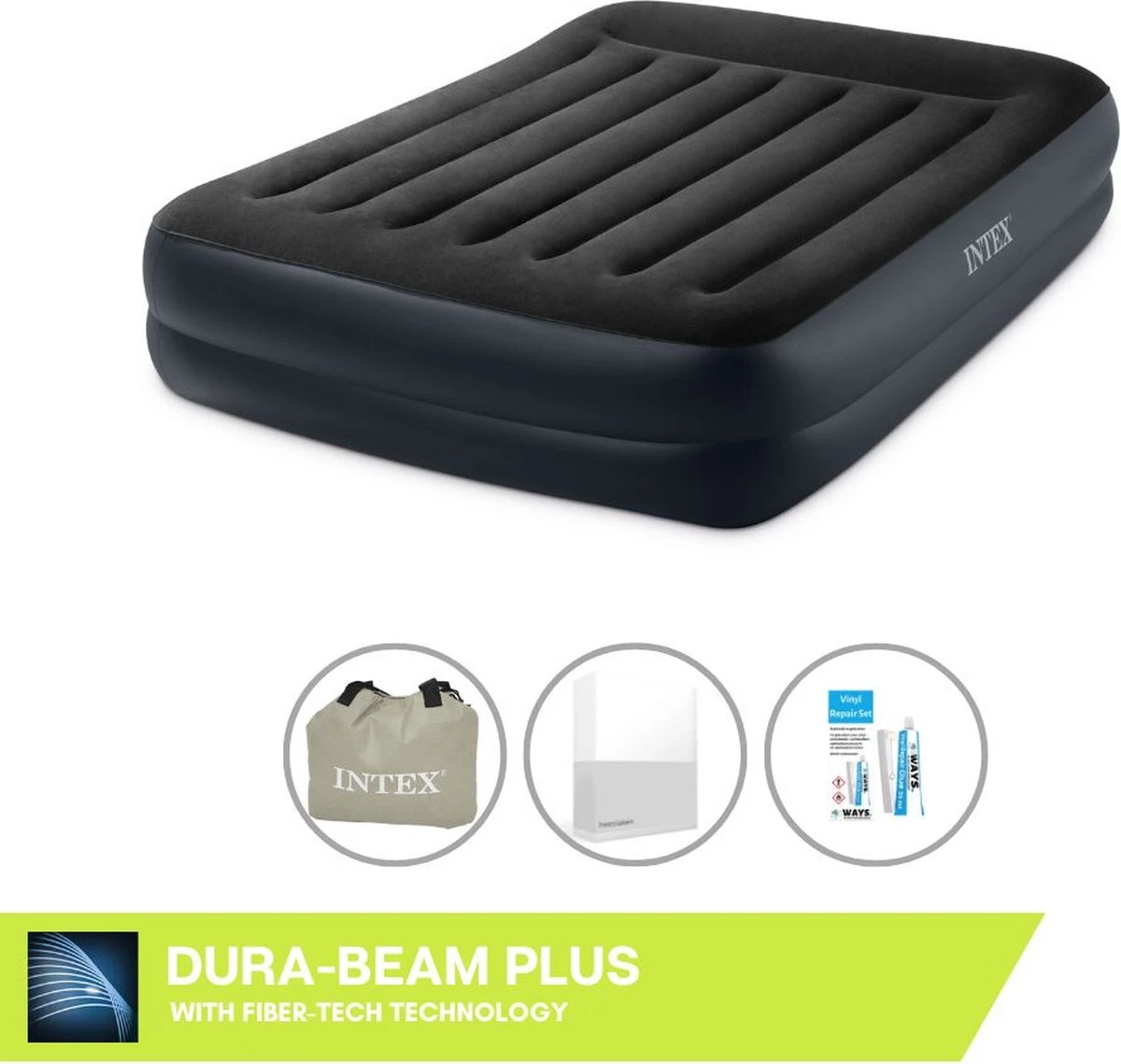 Intex Luchtbed - 2-Persoons - 152 X 203 X 42 Cm - Blauw - Met Pomp + Hoeslaken Wit + Reparatieset 1 Intex Luchtbed - 2-Persoons - 152 X 203 X 42 Cm - Blauw - Met Pomp + Hoeslaken Wit + Reparatieset