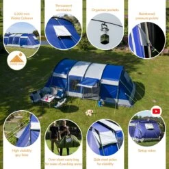 Skandika Montana 8 Sleeper Tent – Tunneltent – 8 Persoons Familietent - Campingtent – Sleeper Technology (2 Tot 4 Extra Donkere Slaapcabines) – Ingenaaide Tentvloer - Muggengaas – 700 X 310 X 200 Cm (LxBxH) – 5000mm Waterkolom – Kamperen – Blauw/wit -Buiten Kamperen 1200x1199 6
