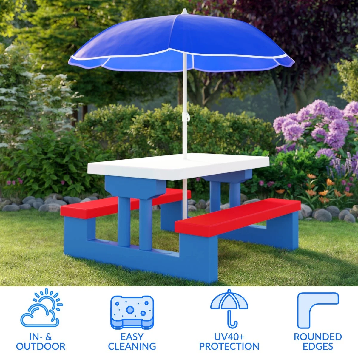 Merkloos Kinder Picknicktafel Met Parasol - Blauw 2 Merkloos Kinder Picknicktafel Met Parasol - Blauw - Afbeelding 2