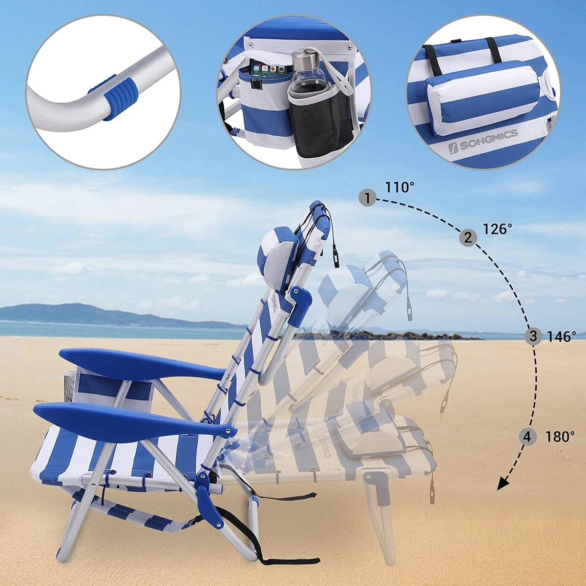 Naqsh Store Strandstoel Met Hoofdkussen, Aluminium, Draagbare Vouwstoel, Campingstoel, Opvouwbaar En Verstelbaar, Zoals Een Rugzak Draagbaar, Buitenstoel, Blauw En Wit Gestreept GCB62BU 7 Naqsh Store Strandstoel Met Hoofdkussen, Aluminium, Draagbare Vouwstoel, Campingstoel, Opvouwbaar En Verstelbaar, Zoals Een Rugzak Draagbaar, Buitenstoel, Blauw En Wit Gestreept GCB62BU - Afbeelding 7