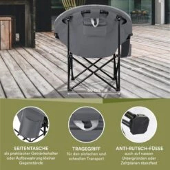 Skandika Moonchair Sirkka – Campingstoelen – Klapstoel – Vouwstoel – Kampeerstoel - Grote, Comfortabele, Campingstoel Opvouwbaar, Gepolsterd, Koelvak, Drinkhouder, Draaggreep En Draagtas, Antislipvoetjes - Max. 150 Kg – Zwart/grijs -Buiten Kamperen 1200x1200 25