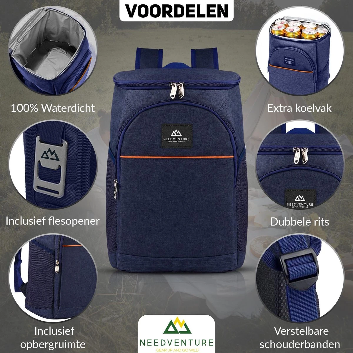 Needventure Koeltas - Lunchtas - Koelrugtas - Picknicktas - 20 Liter - Flessenhouder - Bieropener - Blauw 5 Needventure Koeltas - Lunchtas - Koelrugtas - Picknicktas - 20 Liter - Flessenhouder - Bieropener - Blauw - Afbeelding 5