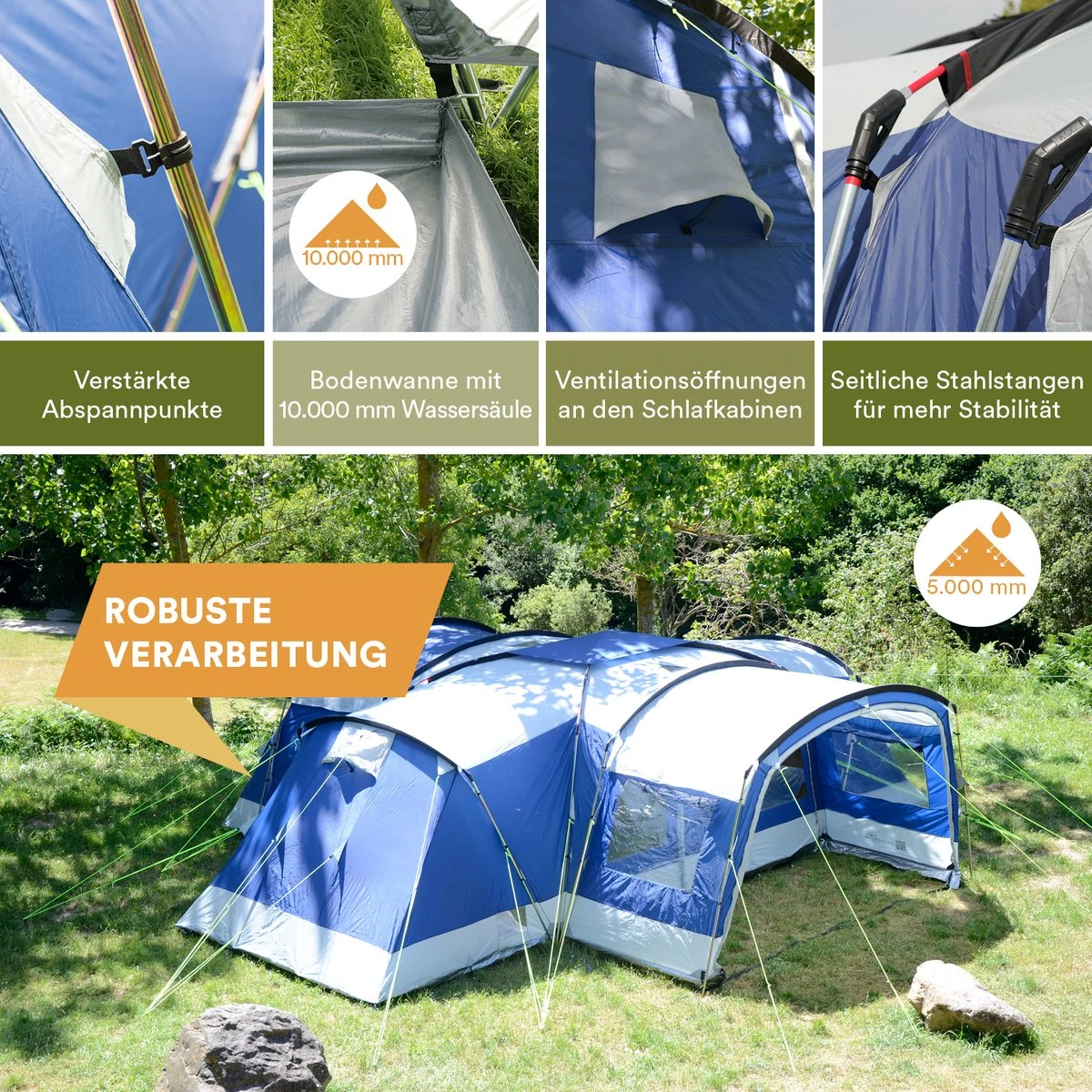 Skandika Nimbus Sleeper 12 Tent – Koepeltenten – 12 Persoons Familietent - Campingtent – Muggengaas – Sleeper Technology (3 Extra Donkere Slaapcabines) – 760 X 630 X 215 Cm (LxBxH) – 5000 Mm Waterkolom – Camping, Tuin – Kamperen – Blauw/wit 9 Skandika Nimbus Sleeper 12 Tent – Koepeltenten – 12 Persoons Familietent - Campingtent – Muggengaas – Sleeper Technology (3 Extra Donkere Slaapcabines) – 760 X 630 X 215 Cm (LxBxH) – 5000 Mm Waterkolom – Camping, Tuin – Kamperen – Blauw/wit - Afbeelding 9