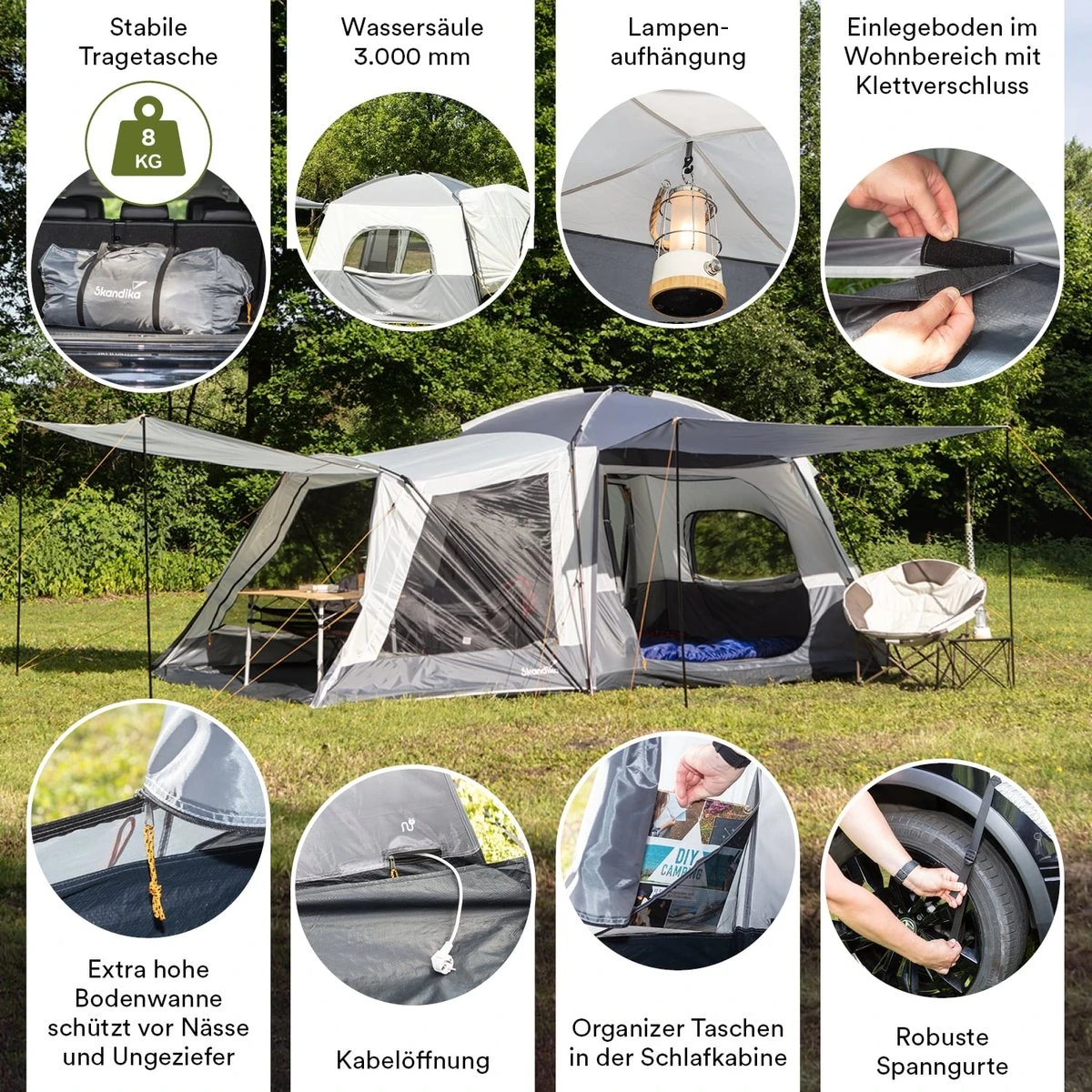 Skandika Pitea XL CROSS Tent – Koepeltenten - Autotent – Campingtent Voor SUV, Caddy, Auto, CUV - Voor Max. 4 Personen – Vrijstaand – Met/zonder Slaapcabine – Max. Stahoogte 230 Cm – 3000mm Waterkolom - 475 X 290 X 230 Cm (LxBxH) – Kamperen - Grijs 2 Skandika Pitea XL CROSS Tent – Koepeltenten - Autotent – Campingtent Voor SUV, Caddy, Auto, CUV - Voor Max. 4 Personen – Vrijstaand – Met/zonder Slaapcabine – Max. Stahoogte 230 Cm – 3000mm Waterkolom - 475 X 290 X 230 Cm (LxBxH) – Kamperen - Grijs - Afbeelding 2