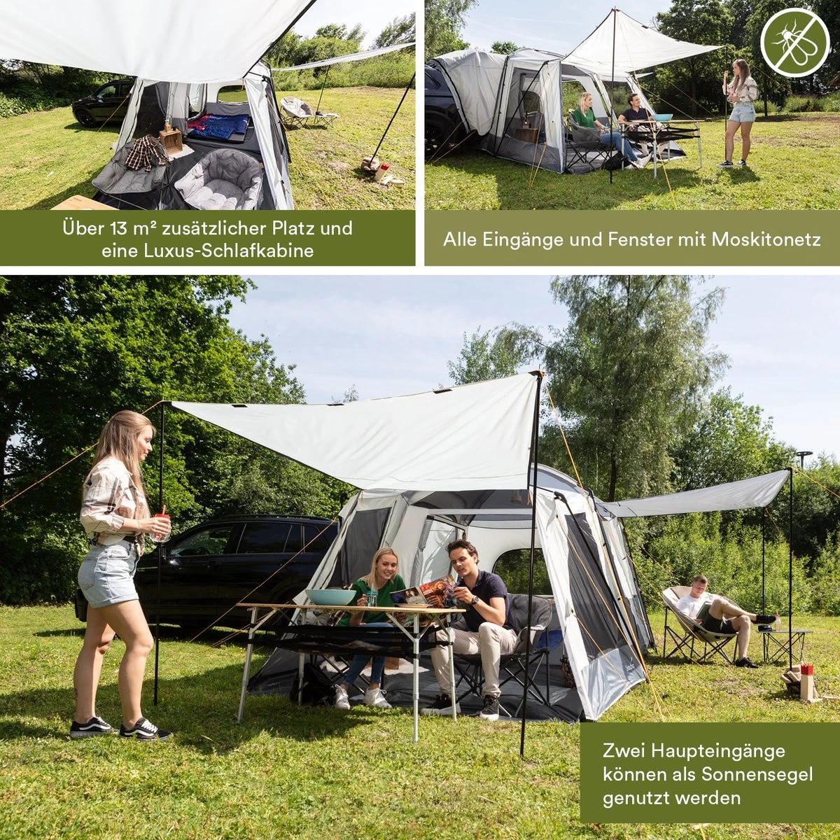 Skandika Pitea XL CROSS Tent – Koepeltenten - Autotent – Campingtent Voor SUV, Caddy, Auto, CUV - Voor Max. 4 Personen – Vrijstaand – Met/zonder Slaapcabine – Max. Stahoogte 230 Cm – 3000mm Waterkolom - 475 X 290 X 230 Cm (LxBxH) – Kamperen - Grijs 7 Skandika Pitea XL CROSS Tent – Koepeltenten - Autotent – Campingtent Voor SUV, Caddy, Auto, CUV - Voor Max. 4 Personen – Vrijstaand – Met/zonder Slaapcabine – Max. Stahoogte 230 Cm – 3000mm Waterkolom - 475 X 290 X 230 Cm (LxBxH) – Kamperen - Grijs - Afbeelding 7