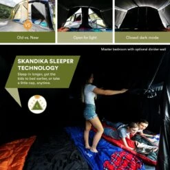Skandika Montana 8 Sleeper Tent – Tunneltent – 8 Persoons Familietent - Campingtent – Sleeper Technology (2 Tot 4 Extra Donkere Slaapcabines) – Ingenaaide Tentvloer - Muggengaas – 700 X 310 X 200 Cm (LxBxH) – 5000mm Waterkolom – Kamperen – Blauw/wit -Buiten Kamperen 1200x1200 741