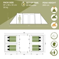 Skandika Montana 8 Sleeper Tent – Tunneltent – 8 Persoons Familietent - Campingtent – Sleeper Technology (2 Tot 4 Extra Donkere Slaapcabines) – Ingenaaide Tentvloer - Muggengaas – 700 X 310 X 200 Cm (LxBxH) – 5000mm Waterkolom – Kamperen – Blauw/wit -Buiten Kamperen 1200x1200 742