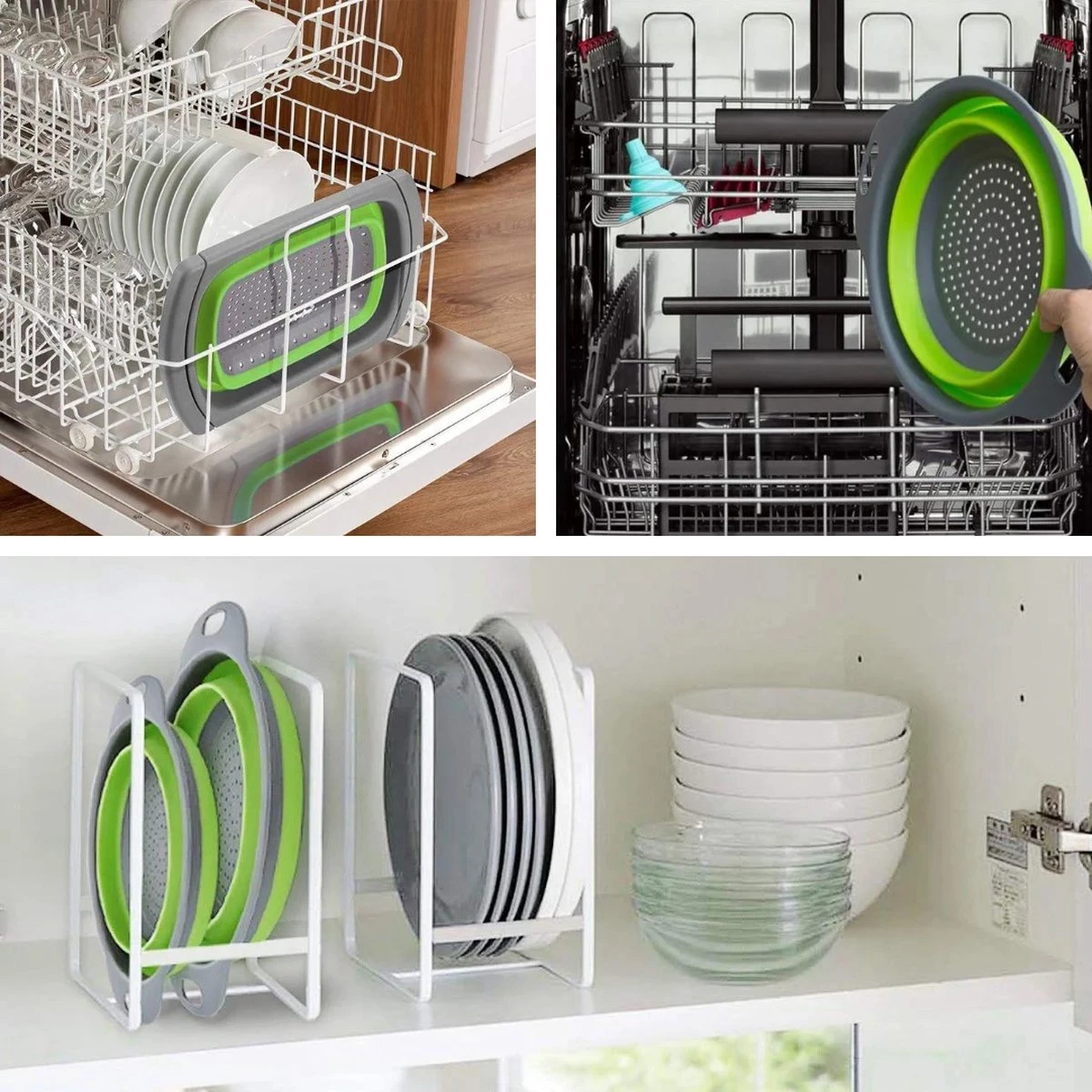 Buxibo - 3-Delige Keuken Vergiet Set Inklapbaar Groen/Grijs 2 Buxibo - 3-Delige Keuken Vergiet Set Inklapbaar Groen/Grijs - Afbeelding 2