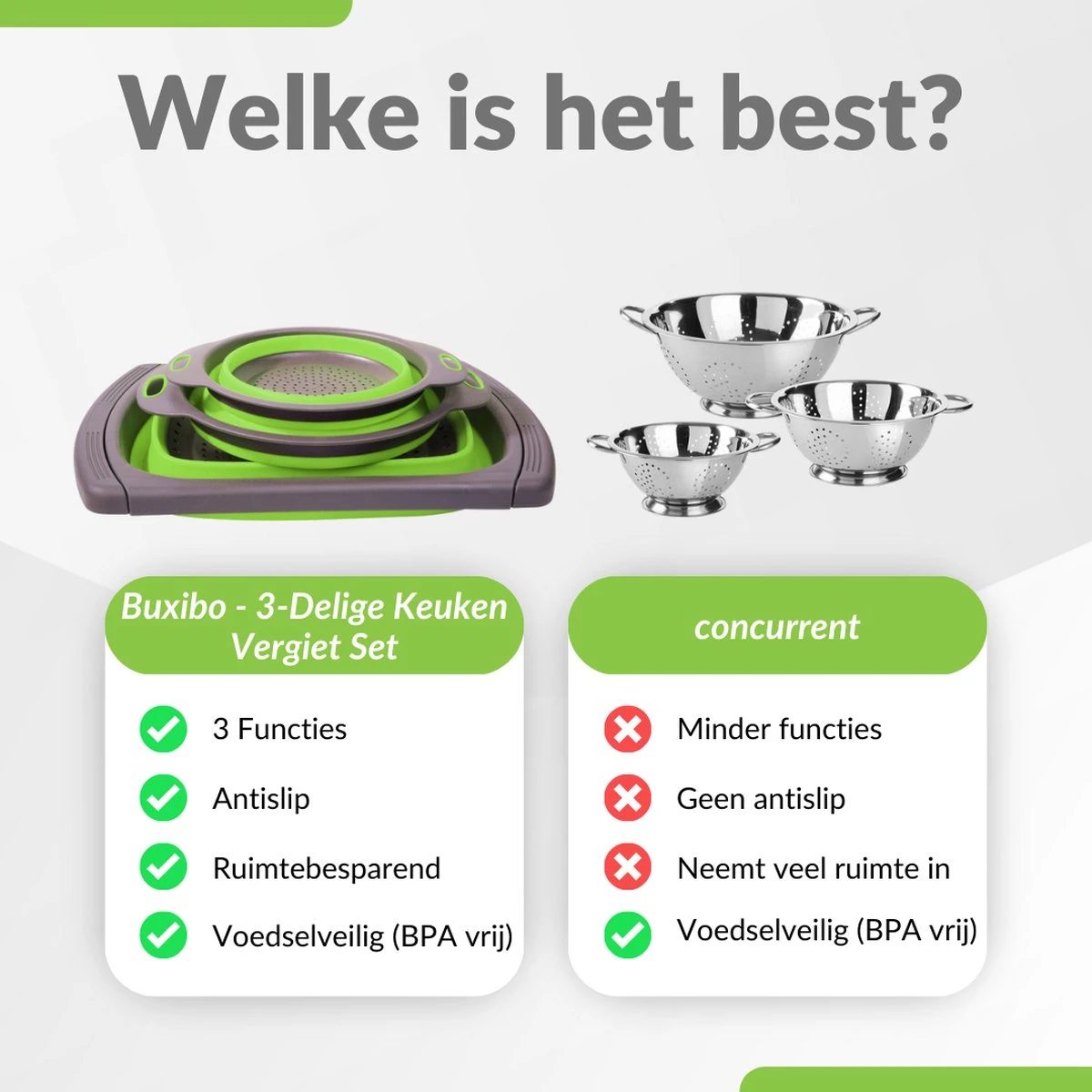 Buxibo - 3-Delige Keuken Vergiet Set Inklapbaar Groen/Grijs 13 Buxibo - 3-Delige Keuken Vergiet Set Inklapbaar Groen/Grijs - Afbeelding 13