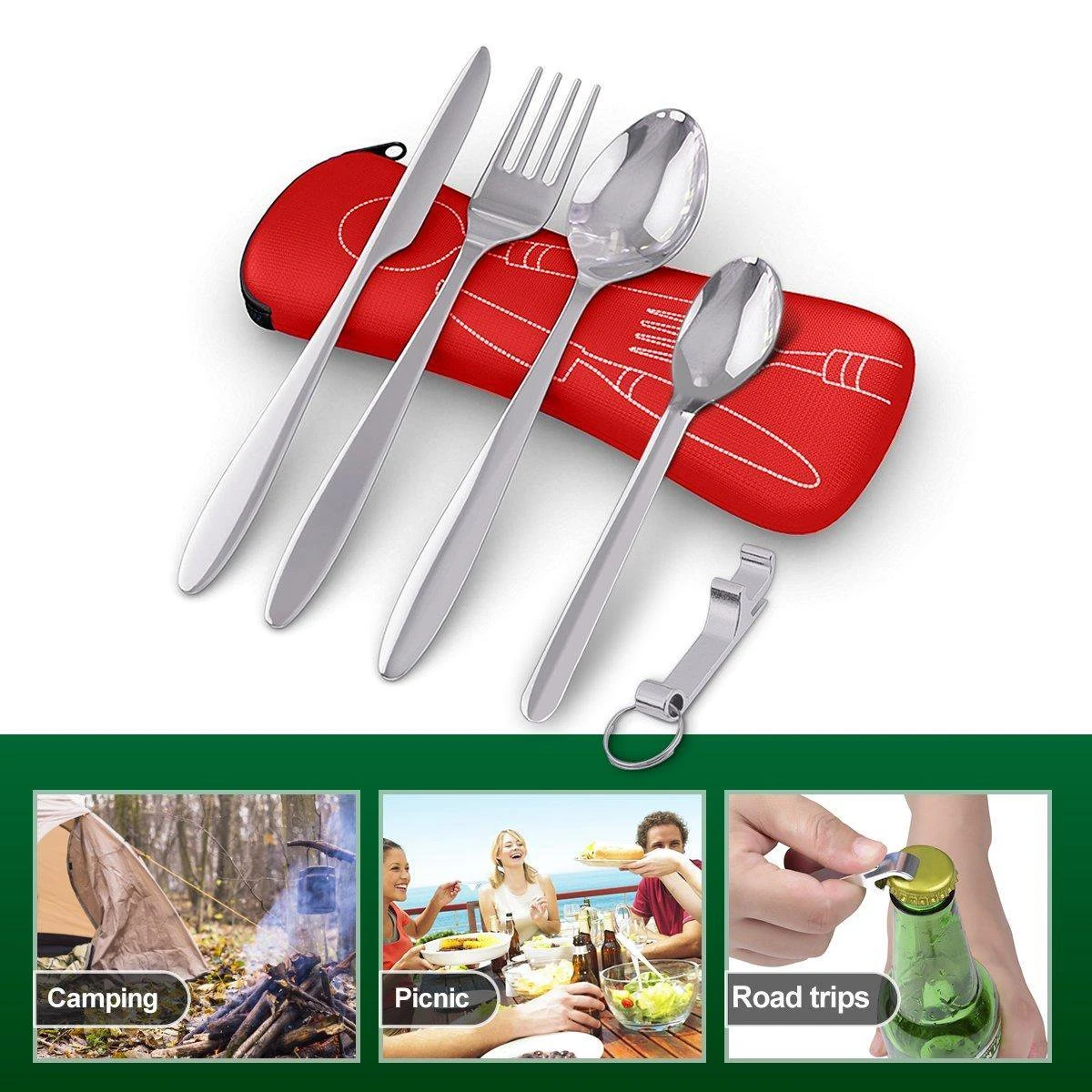 Roestvrij Staal Bestek (kampeerset) – Draagbare Reislepels, -vork En -mes Voor Festivals, Camping Of Trektochten - Wordt Geleverd Met Een Neopreen Draagtasje Met Een Lichtgewicht Flesopener 3 Roestvrij Staal Bestek (kampeerset) – Draagbare Reislepels, -vork En -mes Voor Festivals, Camping Of Trektochten - Wordt Geleverd Met Een Neopreen Draagtasje Met Een Lichtgewicht Flesopener - Afbeelding 3