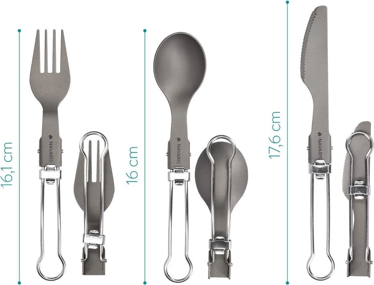 Navaris Campingbestek Van Titanium - Set Met Vork, Mes En Lepel - Inklapbaar - Bestekset Voor Onderweg - Inclusief Karabijnhaak En Bewaarzakje 4 Navaris Campingbestek Van Titanium - Set Met Vork, Mes En Lepel - Inklapbaar - Bestekset Voor Onderweg - Inclusief Karabijnhaak En Bewaarzakje - Afbeelding 4