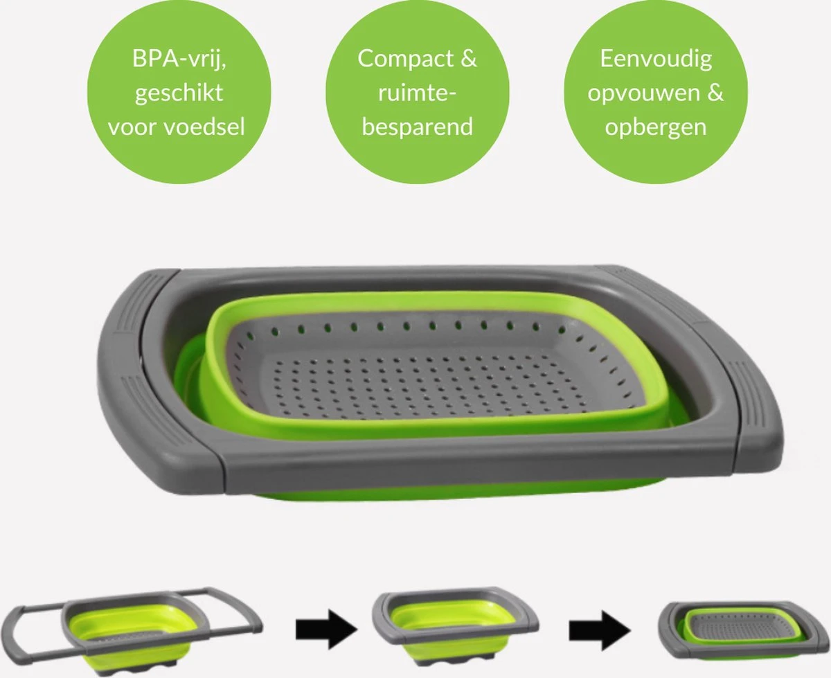 Buxibo - 3-Delige Keuken Vergiet Set Inklapbaar Groen/Grijs 14 Buxibo - 3-Delige Keuken Vergiet Set Inklapbaar Groen/Grijs - Afbeelding 14
